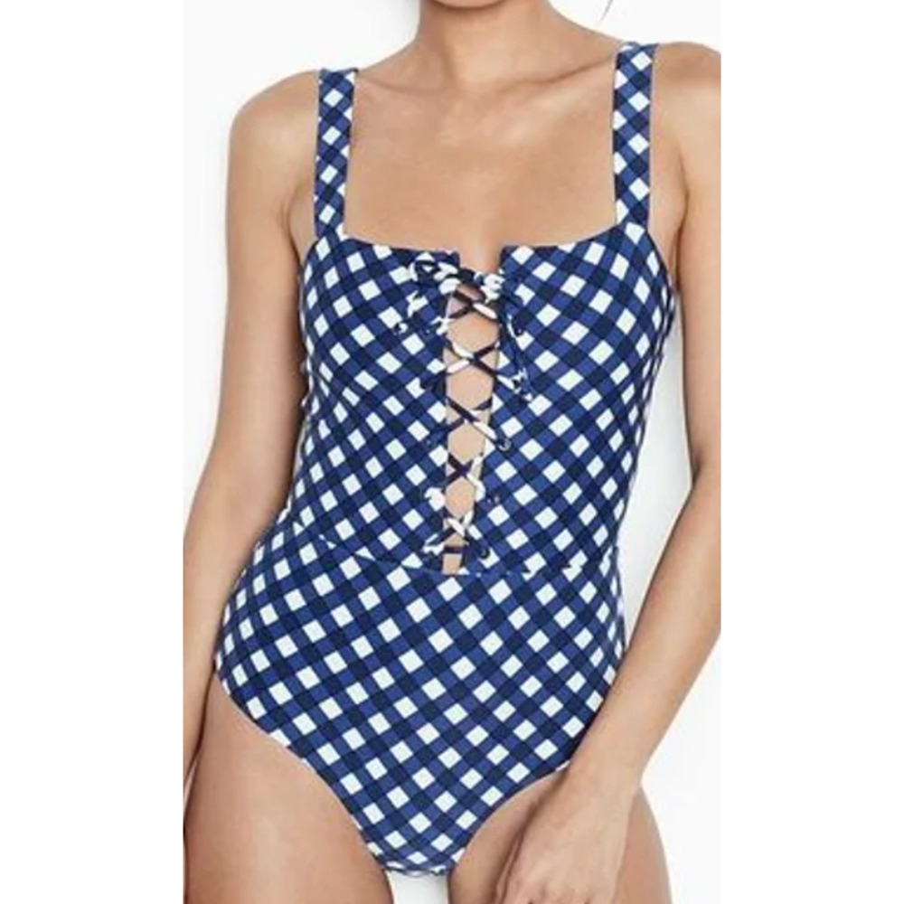 NEW ONIA BLUE WHITE RAQUEL LACE UP FRONT GINGHAM ONE PIECE SWIMSUIT SIZE XS